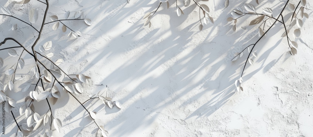 Poster white concrete surfaces with leaf and branch shadows create a natural pattern with light gray shadow