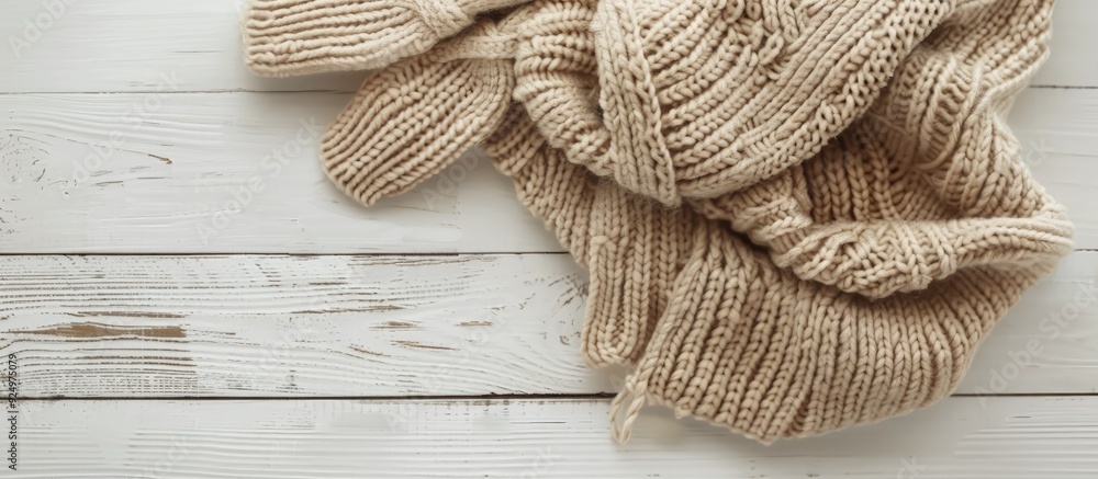Poster top down view of beige knitted scarf and mittens on a white wooden table with room for text in the i