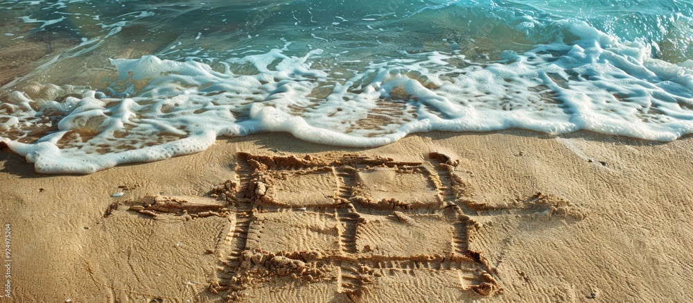 Poster sand near the sea features a tic-tac-toe game drawn with ample copy space for text.