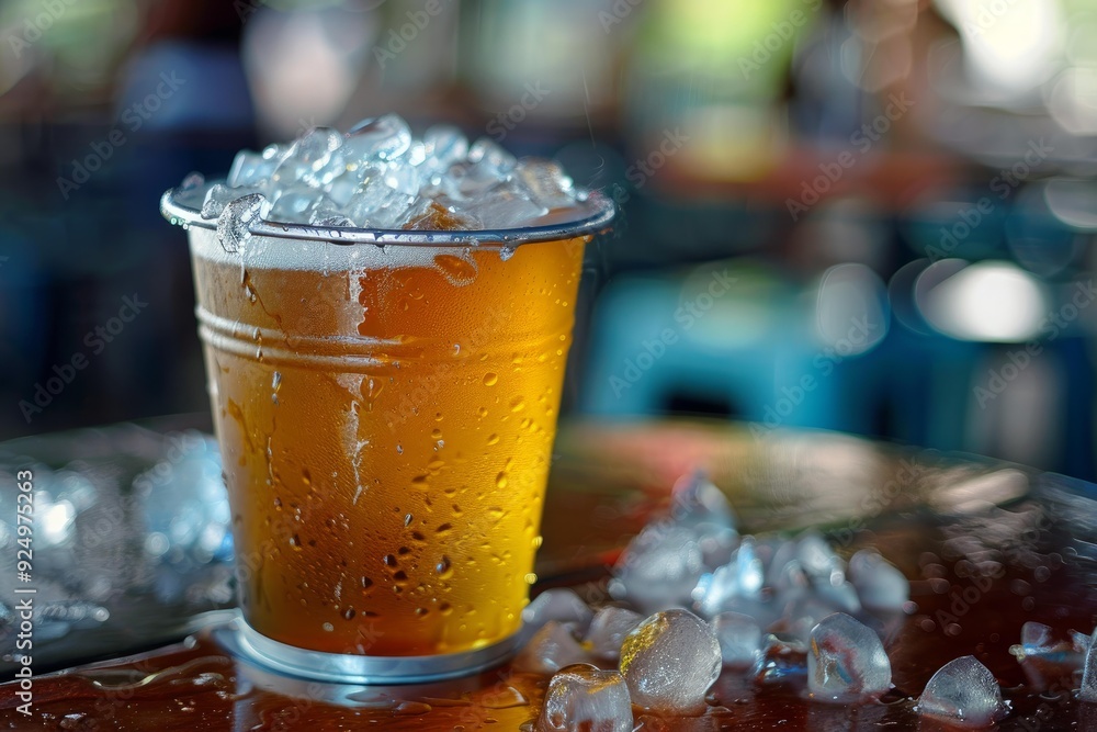 Poster refreshing beer is overflowing with ice, creating a cool and tempting drink on a hot day