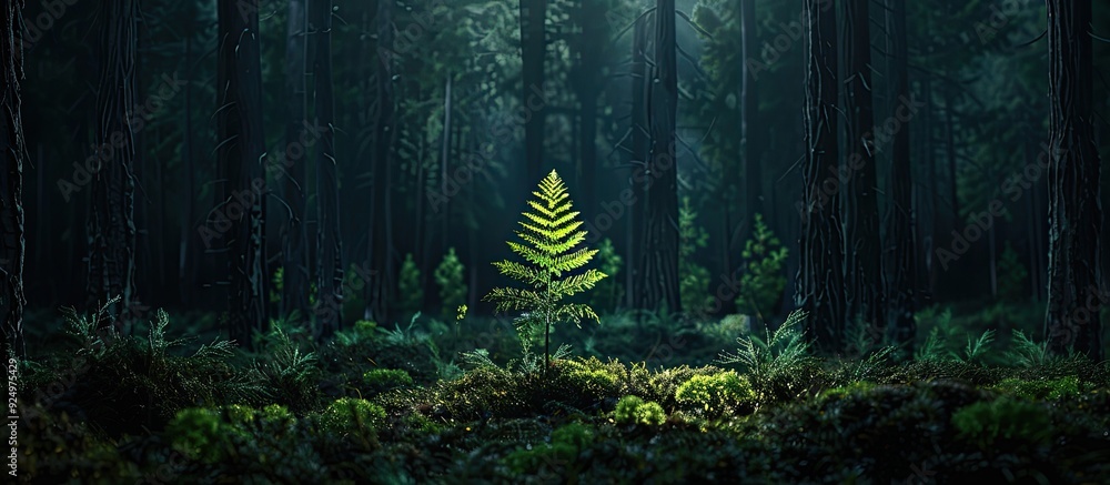 Poster a lone fern standing proudly amidst the towering trees in the forest casting a delicate glow in the 