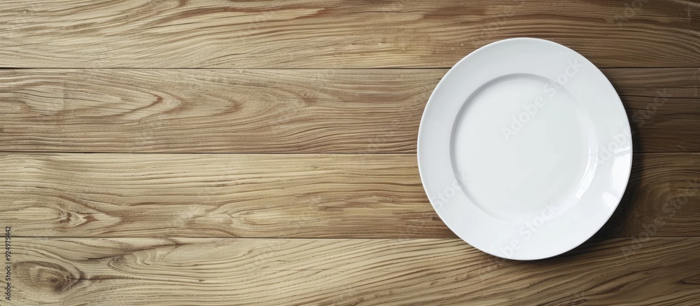 Poster bird s eye view of an empty white plate on a wooden table with copy space image