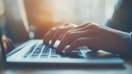 Close up of hands typing on a laptop keyboard, sunlit background.  Focus on fingers and keys.  Productivity and work concept.