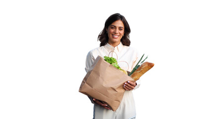 Fototapeta premium Happy woman made some shopping in the supermarket transparent background