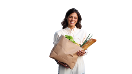 Happy woman made some shopping in the supermarket transparent background
