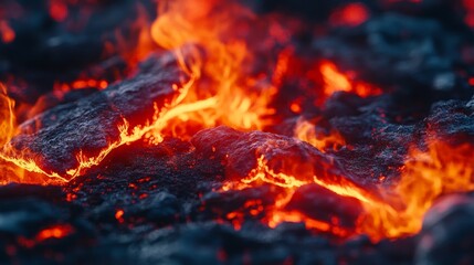 Close-up of red and orange flames dancing over hot embers.