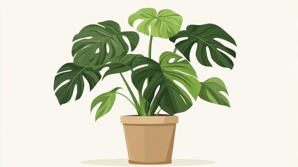 Lush Monstera Plant in a Brown Pot - A vibrant Monstera plant with large, split leaves thrives in a brown ceramic pot, symbolizing growth, life, and nature's beauty.