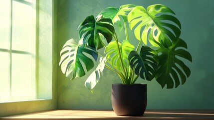 Lush Monstera Deliciosa Plant in a Pot Near a Window - A vibrant monstera deliciosa plant, with its large, split leaves, sits in a pot near a window. Sunlight streams through the window, highlighting 