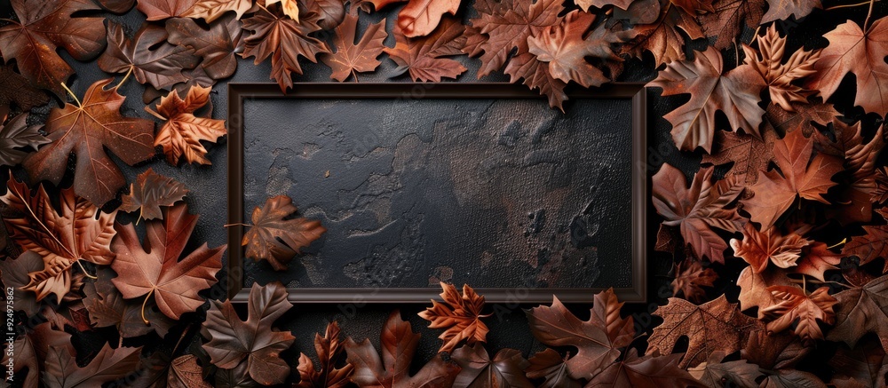 Poster There are fallen leaves surrounding a dark rectangular frame with copy space image