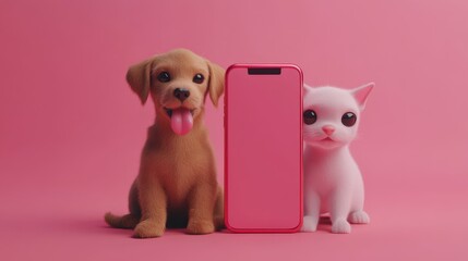 Cute puppy and kitten beside a pink smartphone on a pink background.