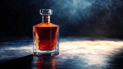 Luxurious Decanter of Fine Spirits on Dark Background - A glass decanter filled with golden amber liquid, reflecting light on a dark, moody background. It symbolizes luxury, sophistication, celebratio
