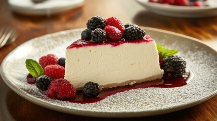 A slice of Italian ricotta cheesecake, garnished with fresh berries.