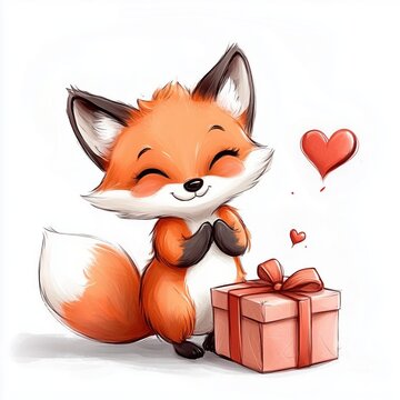 Cute fox character holding a gift box with hearts on a white background