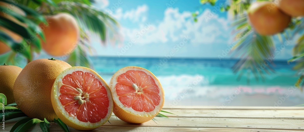 Aufkleber copy space image featuring halved grapefruits on a table with a blurred tropical beach and sea in th