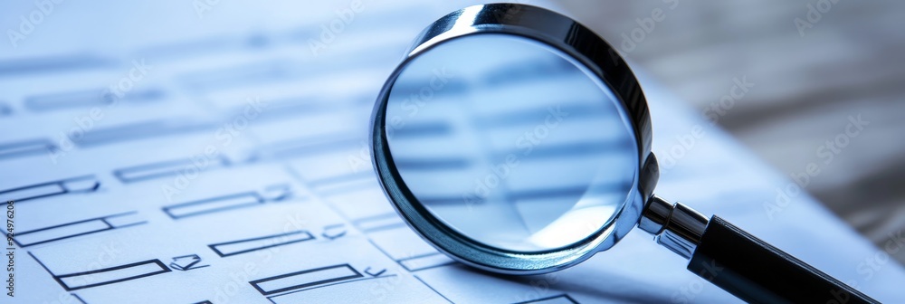 Poster magnifying glass on checklist - detail-oriented approach - a magnifying glass rests on a checklist, 