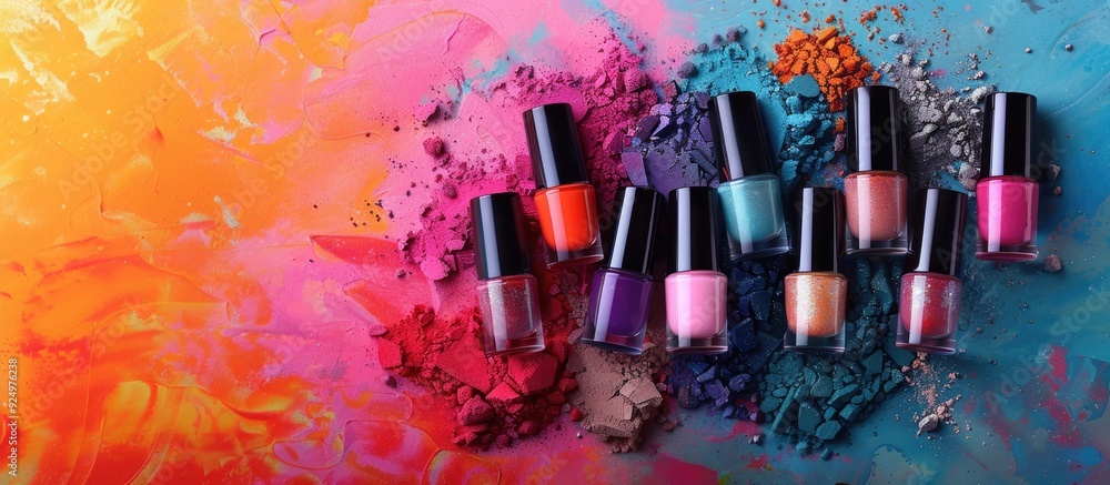 Poster a variety of nail polish colors displayed on an attractive backdrop with ample copy space image