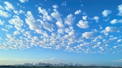 City Serenity: The Doha skyline as seen from Sheraton Park on a clear January day in 2022, with a scenic cloud-studded sky.