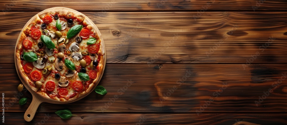 Poster delicious pizza topped with basil mushrooms olives and tomato placed on a wooden surface viewed from
