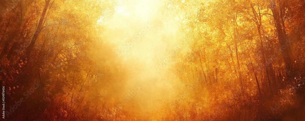 Poster a serene autumn landscape showcasing golden light filtering through trees, creating an enchanting an