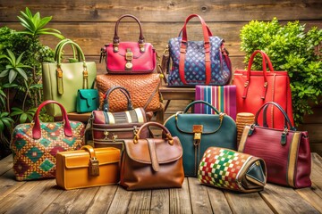 Colorful assortment of stylish handbags, totes, and backpacks arranged artfully on a rustic wooden table, showcasing latest fashion trends and designer accessories.