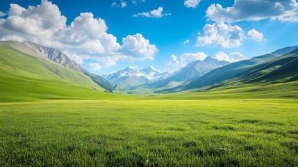 Fototapeta premium Majestic Mountain Meadow with Lush Green Grass and Blue Sky - A stunning view of a vast meadow with lush green grass, surrounded by snow-capped mountains under a bright blue sky with white clouds, sym