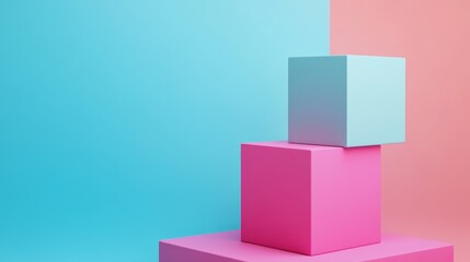 Obraz premium Stacked colorful cubes against a blue and pink background. Minimalist product display mockup.