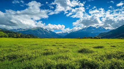 Fototapeta premium Majestic Mountain Meadow Under a Blue Sky - A serene landscape of rolling green meadows nestled at the foot of majestic mountains, with a clear blue sky and fluffy white clouds above. This image symbo