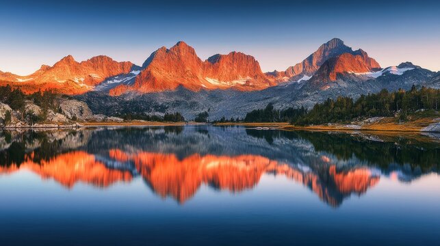 Majestic Mountain Range Reflected in Serene Lake at Sunset - A panoramic view of a majestic mountain range with snow-capped peaks reflected in a still lake at sunset. The vibrant colors of the sky, th