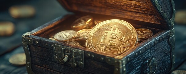 An open wooden treasure chest overflowing with golden Bitcoin coins, symbolizing wealth, digital currency, and the value of cryptocurrency.