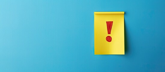 Exclamation mark or warning sign concept depicted on a yellow sticky note against a blue background with copy space image