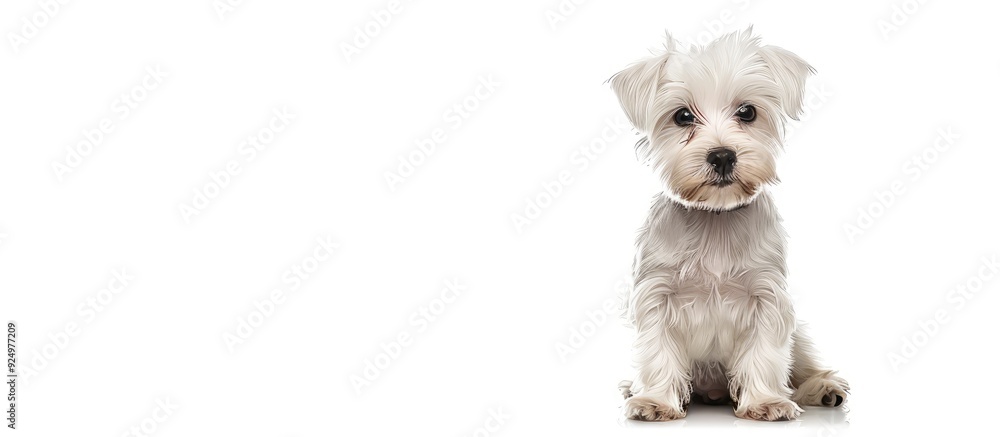 Poster cute maltese dog sitting and gazing at the camera against a white background with a clear area for t