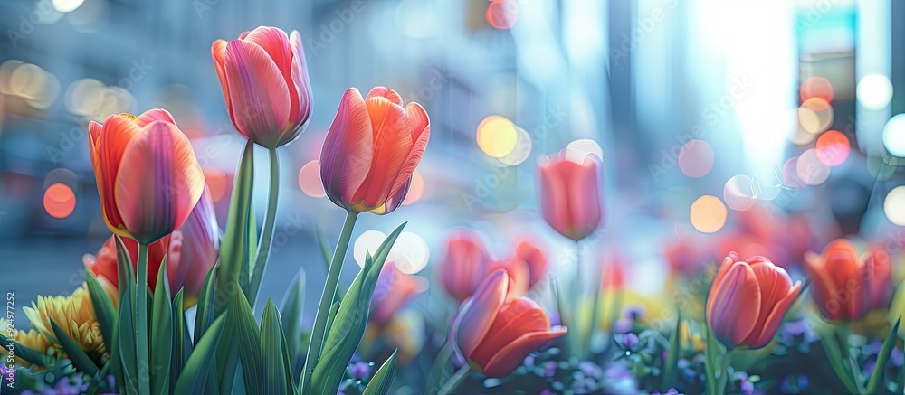 Poster tulips in a flower bed brighten the cityscape in a blurred backdrop suitable for text or other graph