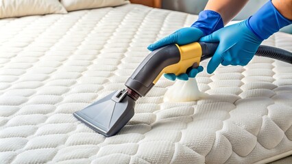 Close-up of a handheld extractor being used to deep clean a mattress, effectively removing stains, dust, and dirt from the home furniture.