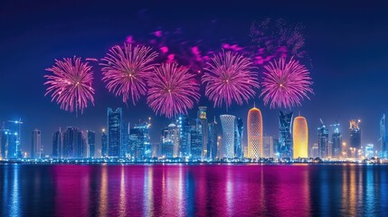 Doha Night Festivities: Majestic fireworks over Doha, Qatar, celebrating Qatar National Day on September 23, 2018, with vibrant bursts of color lighting up the night.