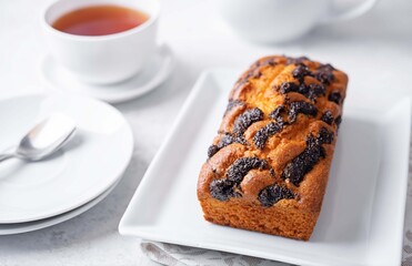 Poppy seed cake with cup of tea
