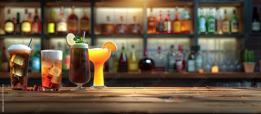 Poster arranged drinks on a bar table create an attractive display with room for a copy space image