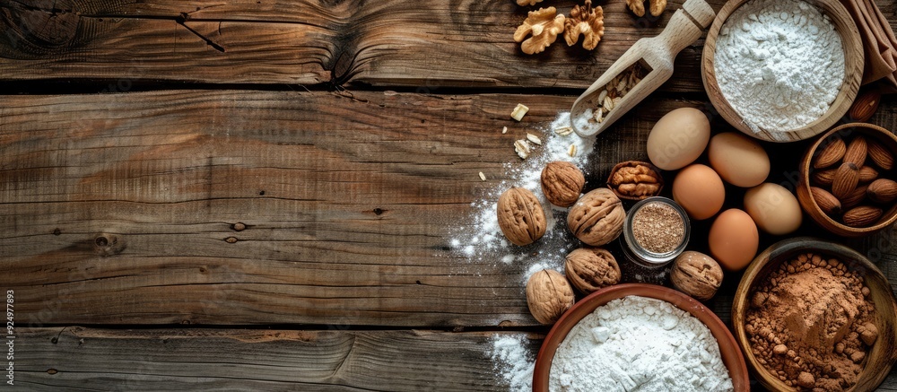 Poster top view of ingredients for baking a sweet pie or cookies with nuts displayed on an old wooden table