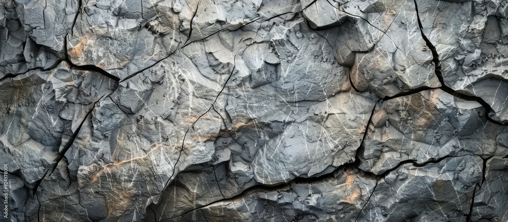 Poster cracked grey stone wall in a cave creates an abstract background and texture with beautiful patterns