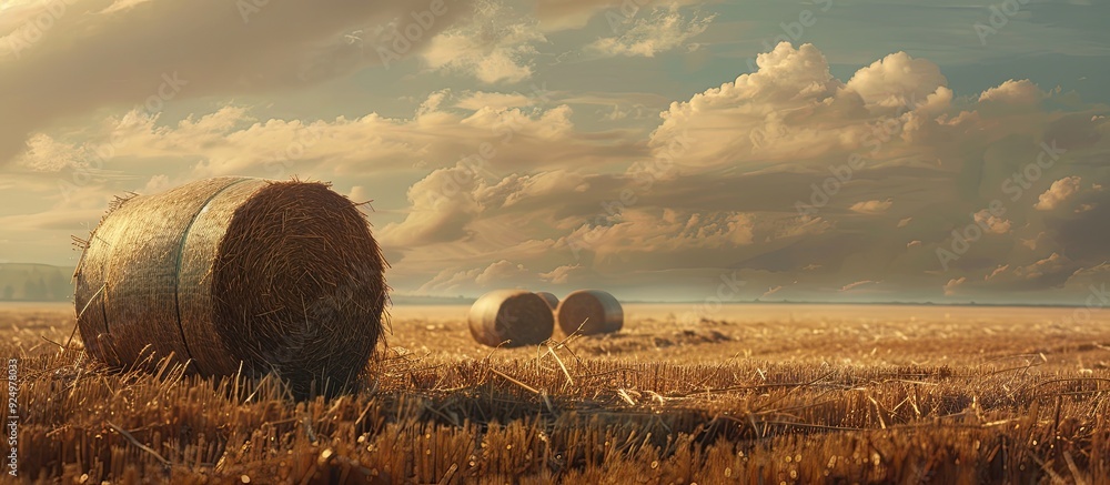 Poster straw bales laying in a field with stubble ideal for a copy space image