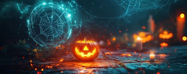 Obraz premium A glowing Halloween pumpkin with a spooky expression, surrounded by candles and mystical decorations, creating a festive atmosphere.