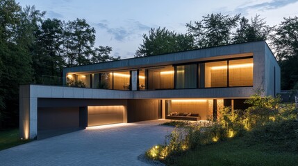 Fototapeta premium Modern Concrete House with Warm Lighting and Lush Greenery - A modern concrete house with a sleek design and warm lighting, showcasing a minimalist aesthetic. The lush greenery adds a touch of nature 