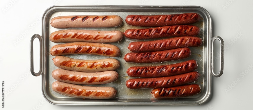 Poster top down view of pork bratwurst and bockwurst sausages on a metal tray with a blank white background