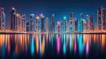Fototapeta premium Dubai Marina by Night: A beautiful long exposure view of Dubai Marina at night, capturing the reflections of the illuminated skyline on the water.