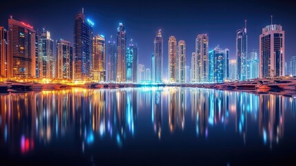 Fototapeta premium Dubai Marina by Night: A beautiful long exposure view of Dubai Marina at night, capturing the reflections of the illuminated skyline on the water.