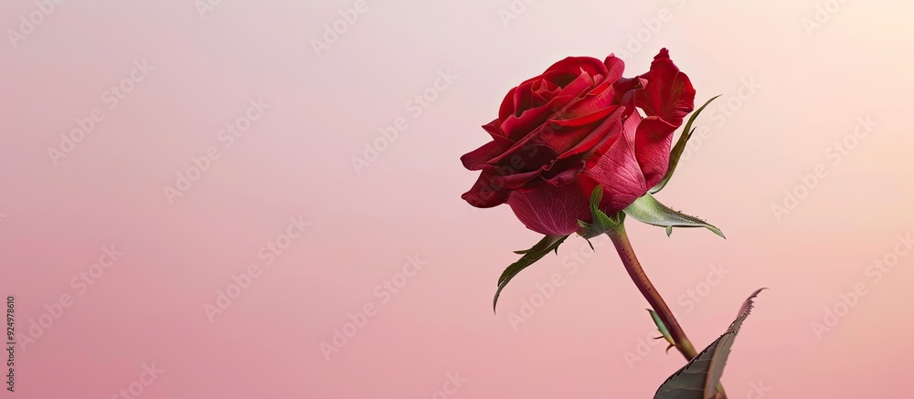 Poster a red rose displayed against a soft pink background with clear negative space for added impact in th