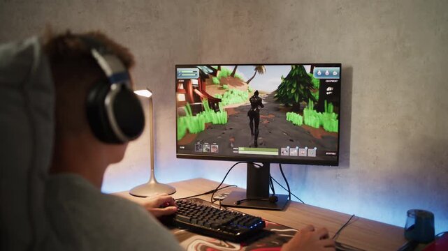 Caucasian teenager wearing headphones plays online video game on PC, spends leisure time at home. Professional young gamer enjoys gameplay in 3D third person shooter on computer. Gaming and Esports.