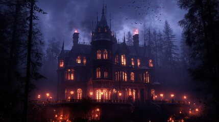 A haunted house with a large number of candles lit up. Scene is eerie and spooky