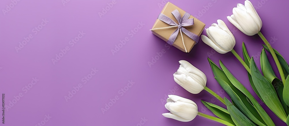 Poster white tulips with a gift box placed on a lilac background with ample copy space image