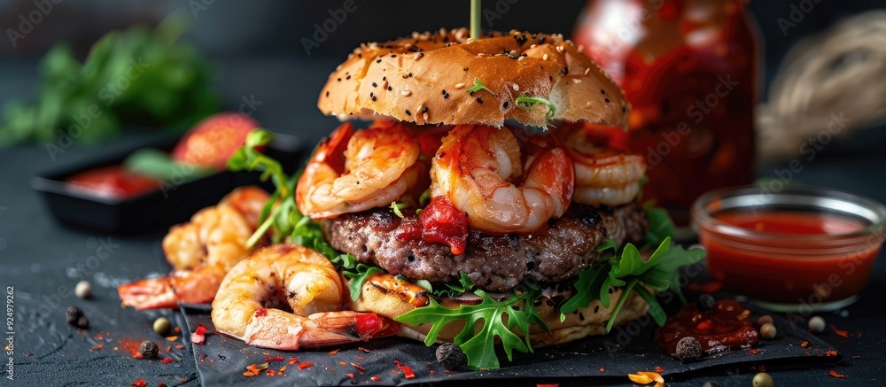 Aufkleber close up image of a burger with shrimp and meat arranged on a black napkin accompanied by a jar of r