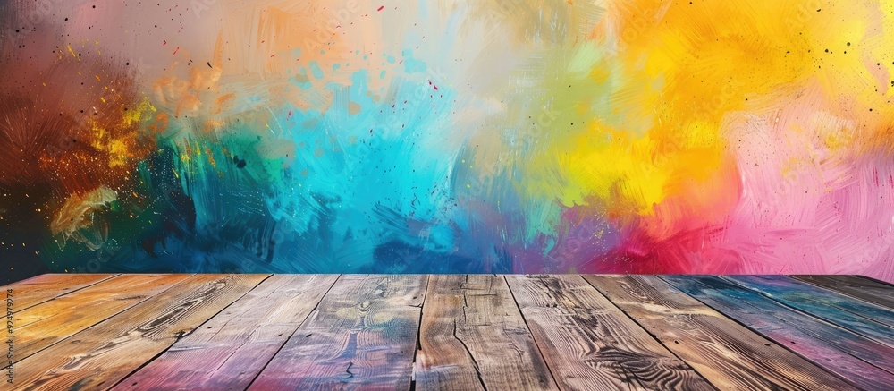 Aufkleber wooden table with no items on it, set against a colorful backdrop, ideal for design presentations wi